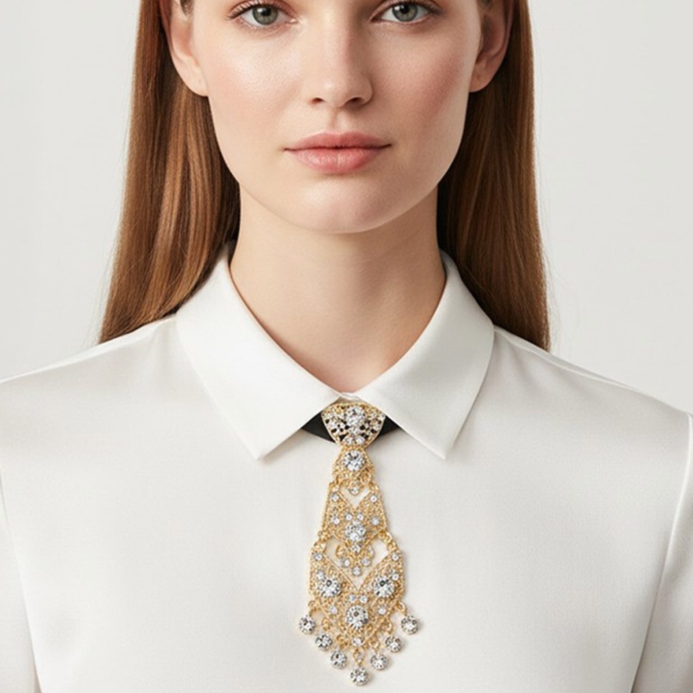 Gold Crystal Neck Tie Statement Necklace